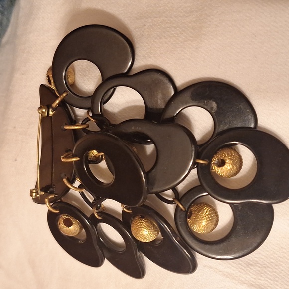 Vintage 80's Black & Gold Statement Brooch EDGY RETRO Modernist Dangle Large - Picture 5 of 6